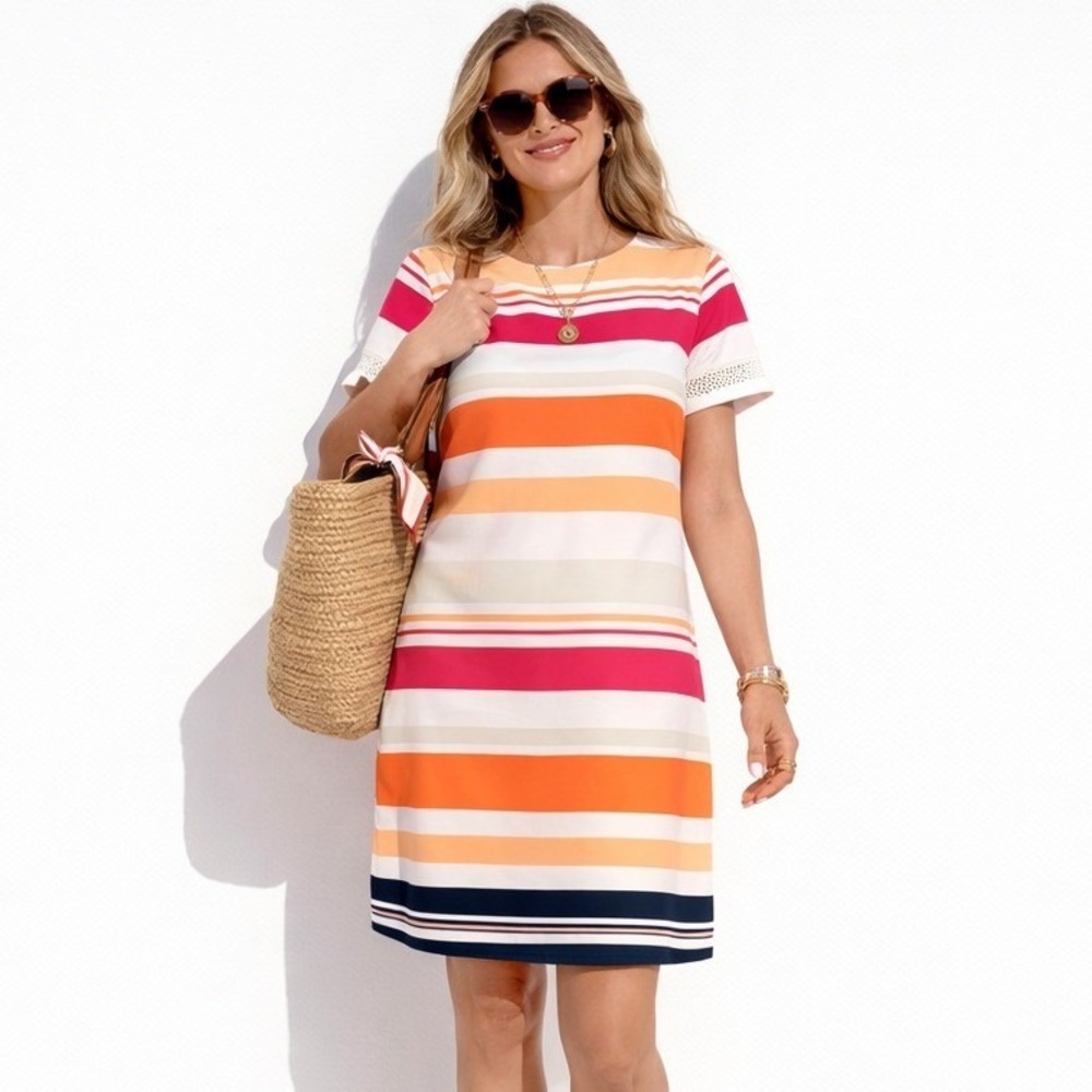 New! JONES NEW YORK Size 10 Colorful Striped Short Sleeve Shift Dress Mesh‎ Trim